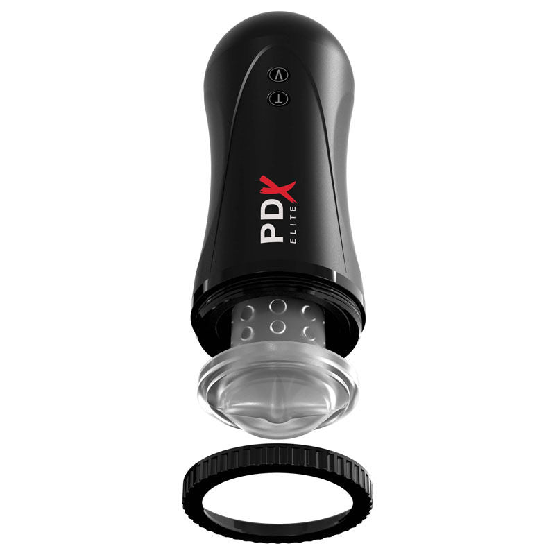 Front view of the PDX Extreme Toyz Elite Moto Stroker male masturbator with detachable tip removed to display internal design on a white background | Flirty Bay adult store Perth